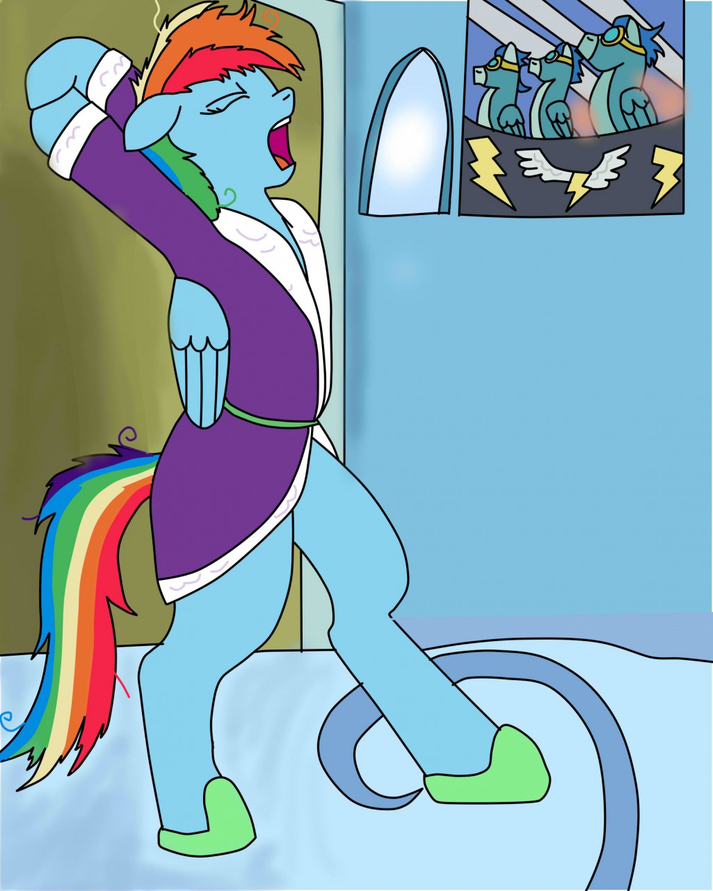 2016 bathrobe blue_body clothing equid equine eyes_closed female feral friendship_is_magic hair hands_behind_head hasbro hi_res horse jimfoxx mammal multicolored_hair multicolored_tail my_little_pony open_mouth pegasus pony poster rainbow_dash_(mlp) rainbow_hair rainbow_tail robe slippers solo standing_on_hind_legs teeth tongue window wings