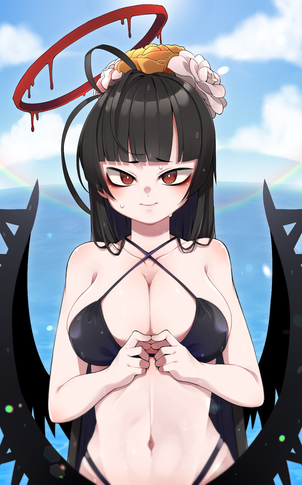 1girl 3: antenna_hair bangs bare_shoulders bikini black_bikini black_hair black_wings blue_archive blue_sky blunt_bangs blurry breasts cleavage cloud cloudy_sky collarbone commentary_request datemegane depth_of_field finger_touching flower hair_flower hair_ornament halo highres long_hair looking_at_viewer navel nervous_smile ocean official_alternate_costume rainbow rainbow_halo red_eyes sidelocks sky sleeveless smile solo spaghetti_strap stomach sweatdrop swimsuit tsurugi_(blue_archive) tsurugi_(swimsuit)_(blue_archive) wings
