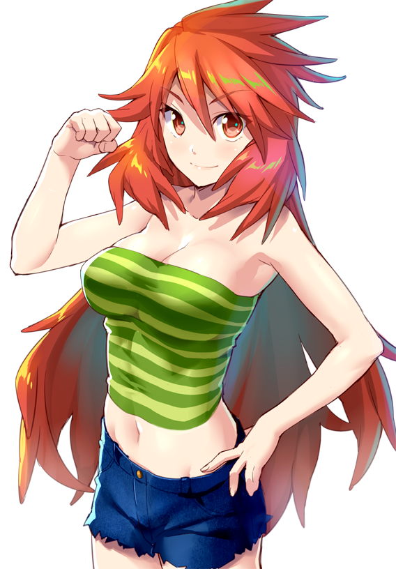 1girl amou_kanade bare_shoulders breasts chikugen_shiina cleavage closed_mouth denim denim_shorts long_hair looking_at_viewer navel red_eyes red_hair senki_zesshou_symphogear shorts simple_background smile solo striped white_background