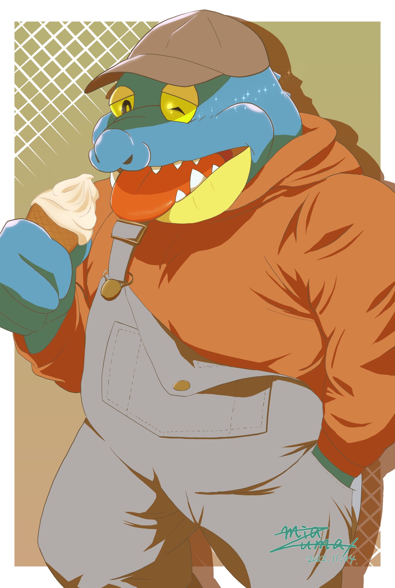 anthro blue_body blue_scales clothing crocodile crocodilian crocodylid dessert eating food hat headgear headwear hi_res ice_cream ice_cream_cone lifewonders makara male miasma_autodork overalls overweight reptile scales scalie solo tokyo_afterschool_summoners video_games