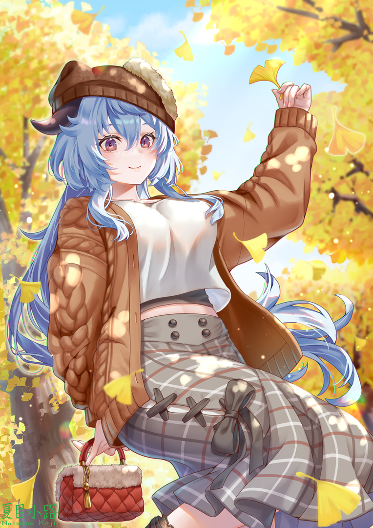 1girl alternate_costume autumn autumn_leaves bag bangs black_bow black_shirt blue_hair blue_sky blush bow breasts brown_cardigan brown_headwear cardigan closed_mouth commentary_request falling_leaves feet_out_of_frame fur-trimmed_headwear ganyu_(genshin_impact) genshin_impact ginkgo ginkgo_leaf goat_horns grey_skirt hair_between_eyes hand_up handbag holding holding_bag horns leaf long_hair long_sleeves looking_at_viewer midriff_peek natsume_koji open_cardigan open_clothes outdoors pink_nails plaid plaid_skirt purple_eyes red_bag shirt skirt sky smile solo undershirt very_long_hair watermark white_shirt