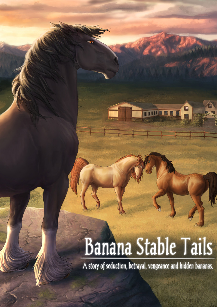ambiguous_gender black_body black_hair black_mane blue_eyes brown_body brown_hair brown_mane brown_tail building clyde_(wasen) detailed_background digital_media_(artwork) dolero draft_horse duo english_text equid equine eyes_closed facial_markings feathering fence feral forest fur hair head_markings hi_res hooves horse looking_at_another looking_at_viewer looking_down looking_up mammal mane markings mountain pearl_(wasen) plant raised_leg raised_tail rufciu solo solo_focus tan_body tan_hair tan_tail text tree window