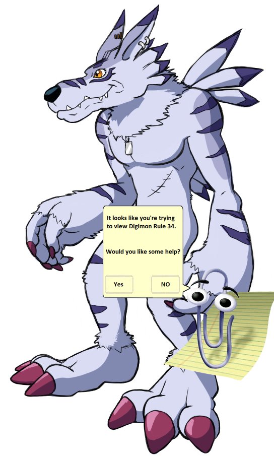 anthro bandai_namco blue_body blue_fur canid canine censored claws clippy creative_censorship dialog_box digimon digimon_(species) ear_piercing english_text fur humor male mammal markings microsoft_word muscular piercing simple_background solo text thegreatmatsutzu weregarurumon white_background yellow_eyes