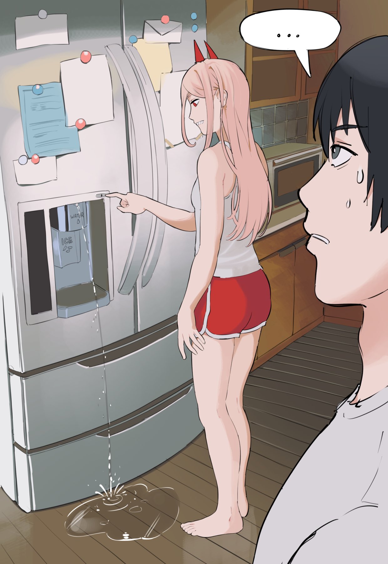 ... 1boy 1girl annoyed barefoot black_hair cabinet chainsaw_man giganticbuddha hayakawa_aki highres horns letter long_hair looking_at_another magnet microwave notes pink_hair power_(chainsaw_man) pressing red_eyes red_horns refrigerator refrigerator_magnet shirt short_hair shorts sweat tank_top water white_shirt white_tank_top