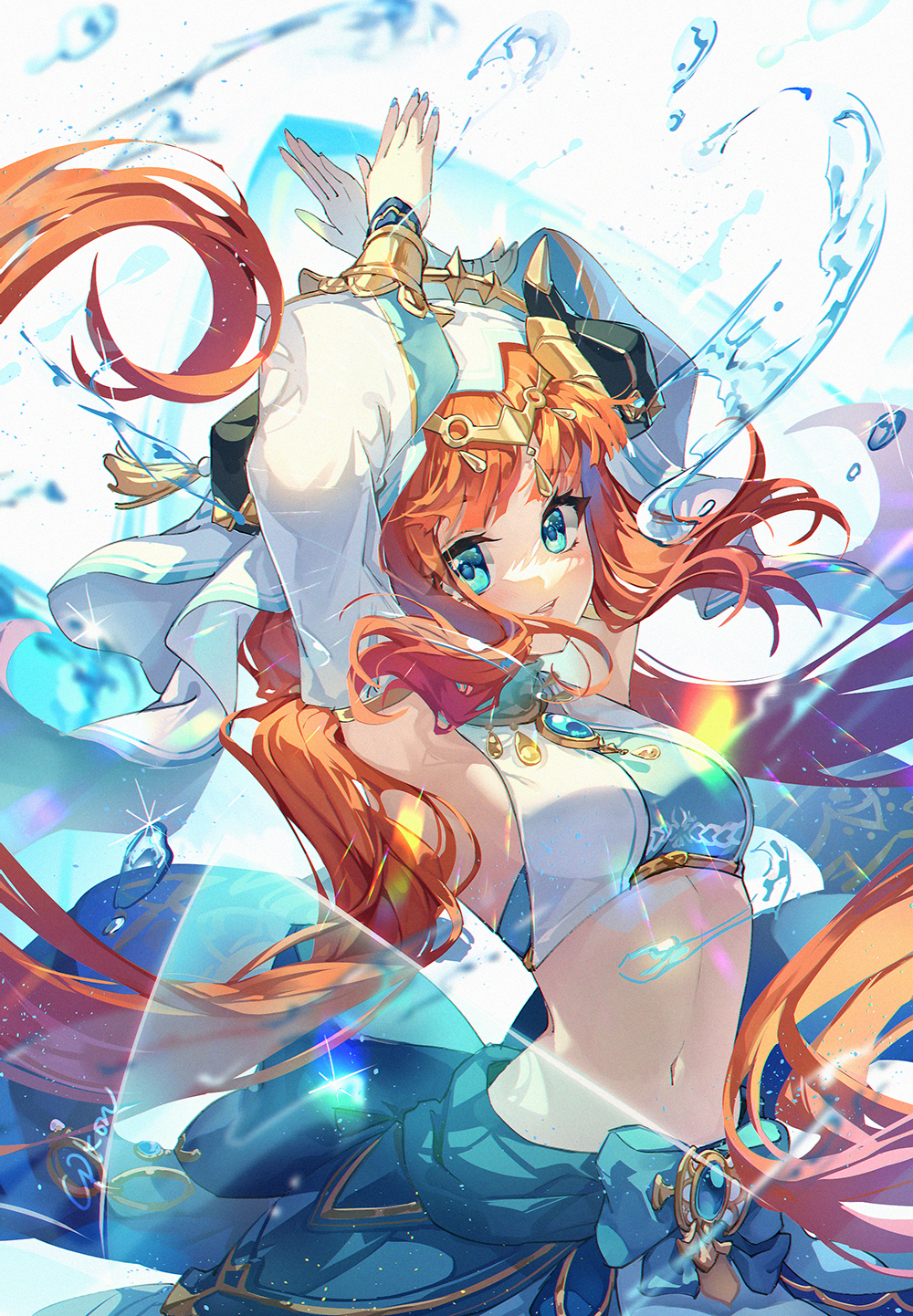 1girl armpits arms_up bangs blue_bow blue_eyes blush bow breasts brooch cat_princess cowboy_shot crop_top detached_sleeves floating_hair gem genshin_impact harem_outfit highres horns jewelry long_hair long_sleeves looking_at_viewer medium_breasts navel nilou_(genshin_impact) open_mouth puffy_long_sleeves puffy_sleeves red_hair skirt smile solo stomach twintails veil water