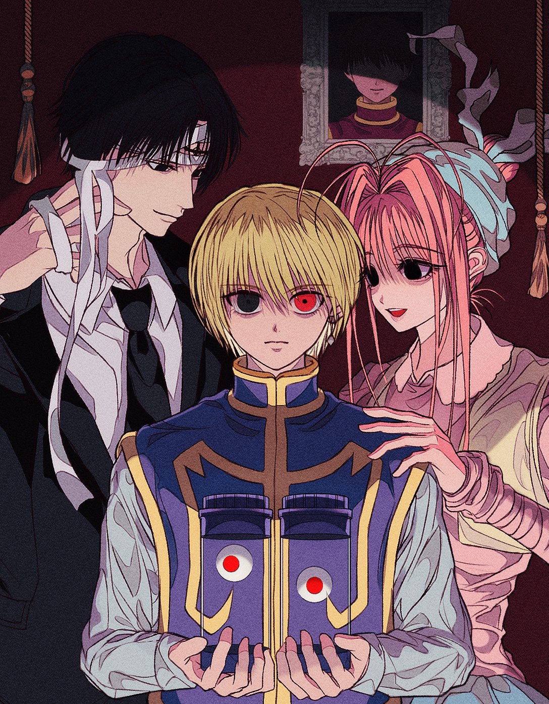 1girl 2boys androgynous bangs black_hair black_suit blank_eyes blonde_hair chrollo_lucilfer cross disembodied_eye earrings facial_tattoo formal grey_eyes hand_on_another's_shoulder highres hunter_x_hunter inverted_cross jewelry kurapika long_sleeves looking_at_another looking_at_viewer multiple_boys neon_nostrade official_alternate_costume pairo photo_(object) pink_hair red_eyes removing_bandages shirt short_hair suhoyongjungtea suit tabard tattoo upper_body white_shirt