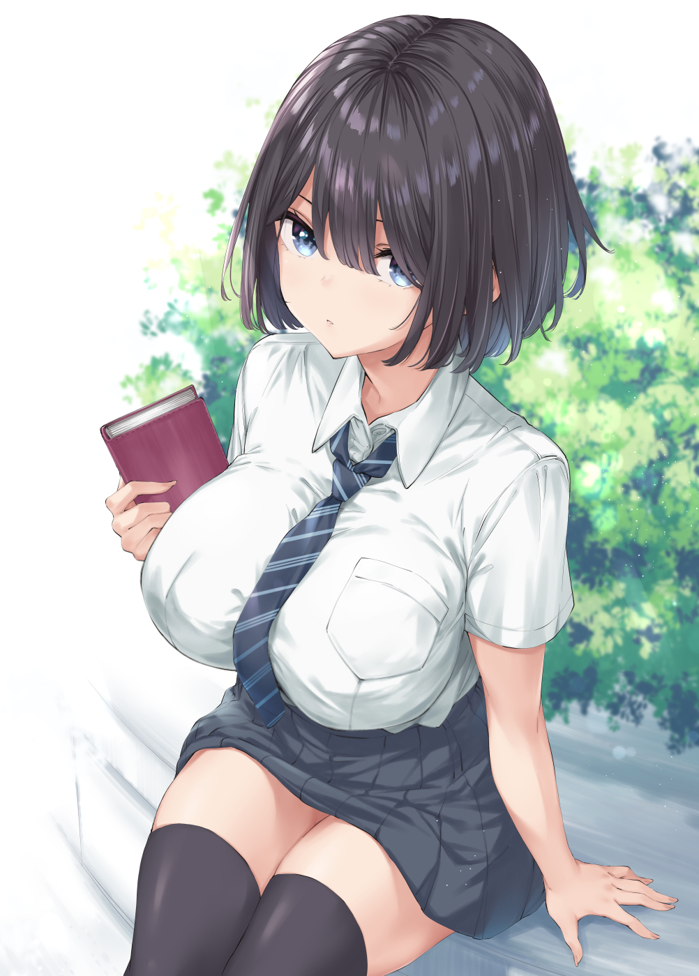 1girl bangs bench black_hair black_thighhighs blue_eyes breasts brown_hair closed_mouth day hair_between_eyes highres holding large_breasts looking_at_viewer original outdoors park pleated_skirt school_uniform shirt short_hair short_sleeves sitting skirt solo thighhighs thighs uniform white_shirt wing_(aiastor)