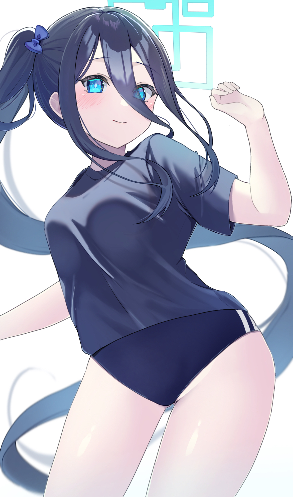 1girl arisu_(blue_archive) blue_archive blue_shirt bow breasts buruma groin gym_uniform hair_between_eyes hair_bow hand_up highres no.054_(adar5857) ponytail shirt short_sleeves simple_background smile solo sportswear thighs white_background