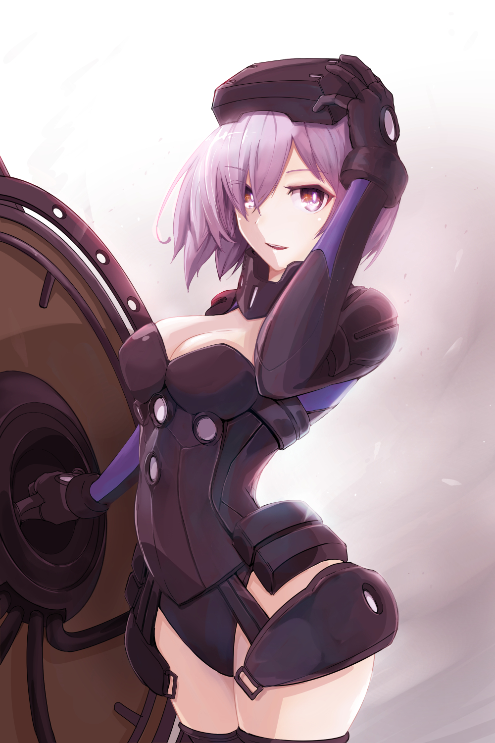 1girl :d arched_back arm_up armor bangs black_leotard black_thighhighs breasts brown_eyes cleavage fate/grand_order fate_(series) faulds grey_hair hair_between_eyes highres holding holding_shield jientomu leotard looking_at_viewer mash_kyrielight mash_kyrielight_(ortenaus) medium_breasts medium_hair open_mouth shield shiny shiny_hair smile solo thighhighs