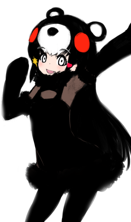 1girl animal_costume animal_ear_fluff animal_ears bear_costume bear_ears bear_girl black_hair chibi_kumamon_(kemono_friends) dress elbow_gloves gloves grey_eyes ise_(0425) kemono_friends kemono_friends_3 long_hair looking_at_viewer multicolored_hair open_mouth pantyhose scarf simple_background smile solo straight_hair white_background