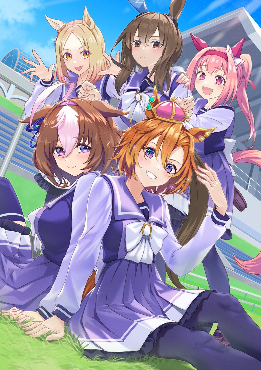 5girls :d admire_vega_(umamusume) ahoge animal_ears arm_support arm_up bangs black_pantyhose blue_sky blush bow breasts brown_eyes brown_hair closed_mouth cloud commentary_request crown day dutch_angle ears_down forehead grin hair_between_eyes hairband hand_on_another's_shoulder haru_urara_(umamusume) horse_ears horse_girl horse_tail large_breasts long_sleeves looking_at_viewer meisho_doto_(umamusume) mini_crown multicolored_hair multiple_girls nabe_puyo narita_top_road_(umamusume) on_grass outdoors pantyhose parted_bangs pink_hair pink_hairband pleated_skirt ponytail puffy_long_sleeves puffy_sleeves purple_eyes purple_shirt purple_skirt shirt sitting skirt sky smile standing t.m._opera_o_(umamusume) tail tilted_headwear two-tone_hair umamusume white_bow white_hair