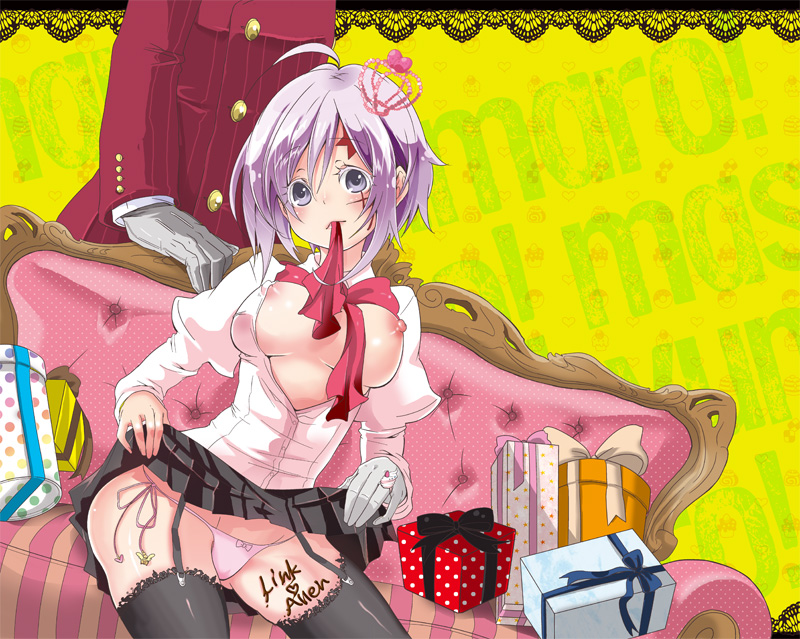 1girl ahoge allen_walker background_text bad_id bad_pixiv_id bad_proportions body_writing breasts breasts_outside couch crown d.gray-man dutch_angle english garter_straps genderswap genderswap_(mtf) gift gloves howard_link lace lace-trimmed_thighhighs medium_breasts mouth_hold nipples panties pomeko purple_eyes purple_hair ribbon scar short_hair side-tie_panties single_glove skirt skirt_lift string_panties thighhighs unbuttoned underwear