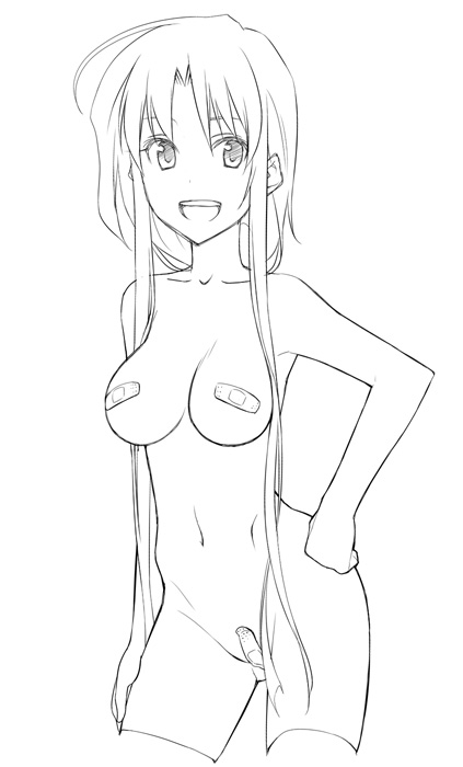 :d ahoge archerko bandaid bandaid_on_pussy bandaids_on_nipples breasts censored cowboy_shot cropped_legs fate/stay_night fate_(series) greyscale hand_on_hip himura_kiseki long_hair medium_breasts monochrome navel nude open_mouth pasties ponytail smile solo