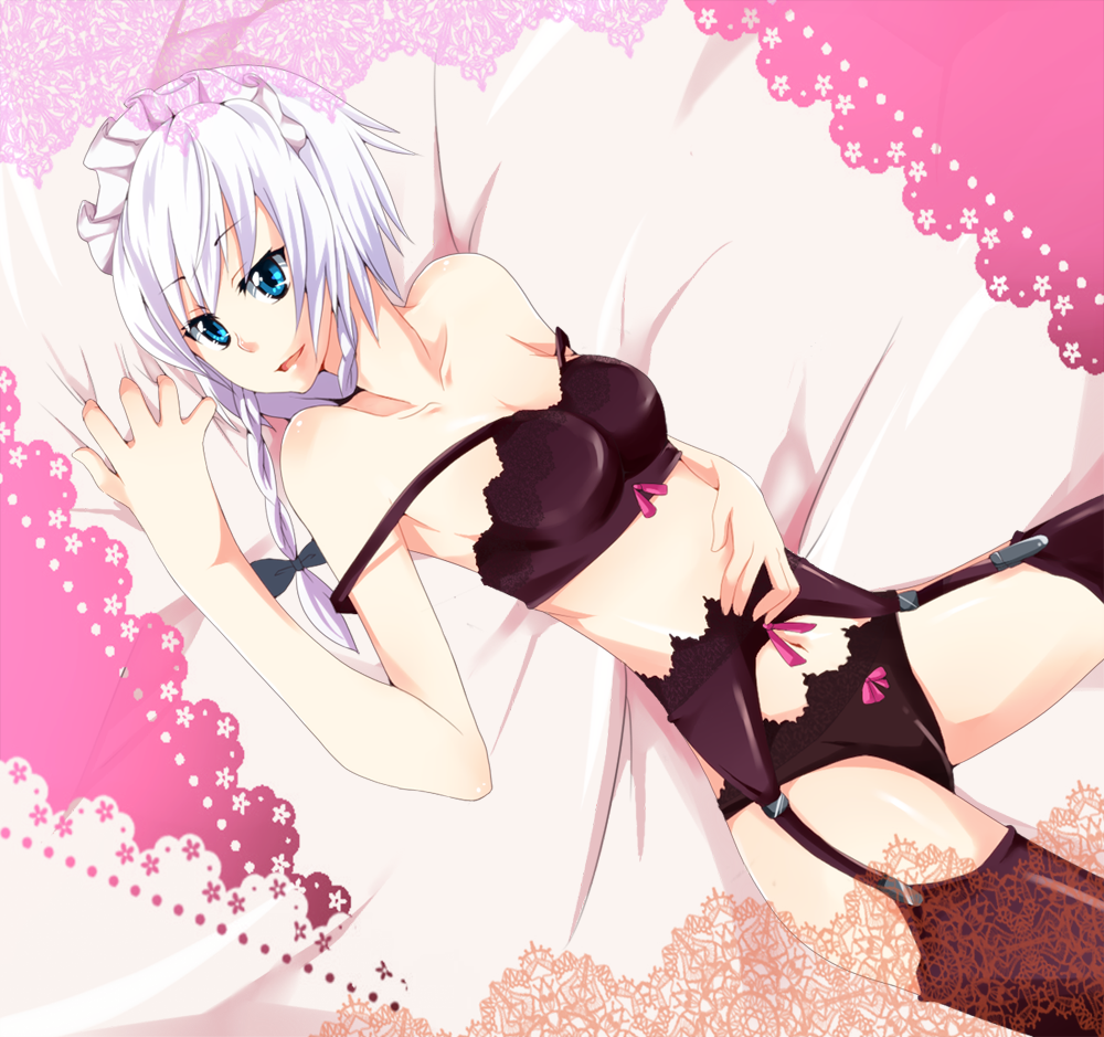 bad_hands bad_id bad_pixiv_id black_bra black_legwear black_panties bra braid izayoi_sakuya katakura_nayuuki lingerie panties short_hair silver_hair solo thighhighs touhou twin_braids underwear underwear_only