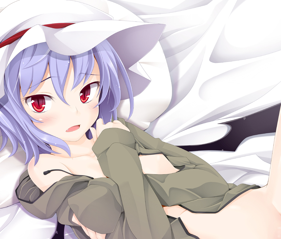 bat_wings covering covering_breasts hat lavender_hair ogami_kazuki red_eyes remilia_scarlet short_hair solo touhou wings