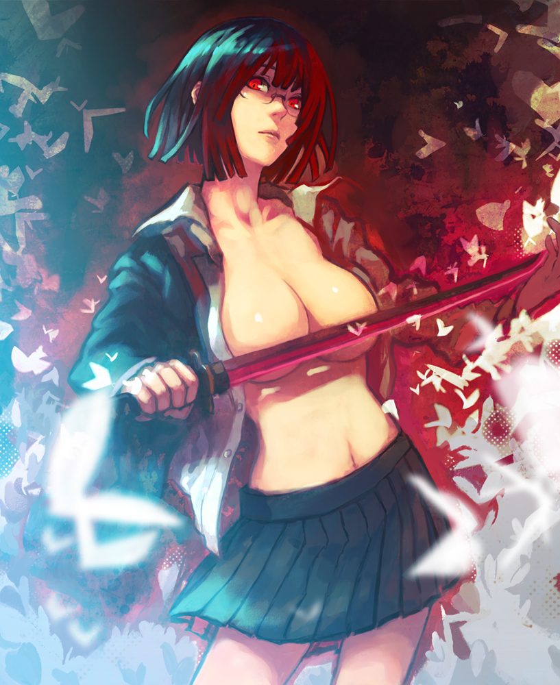 bad_id bad_pixiv_id black_hair bob_cut breasts bug butterfly censored cleavage convenient_censoring durarara!! glasses glowing glowing_eyes insect katana koukou64 large_breasts navel open_clothes open_shirt pleated_skirt red_eyes shirt short_hair skirt solo sonohara_anri sword weapon