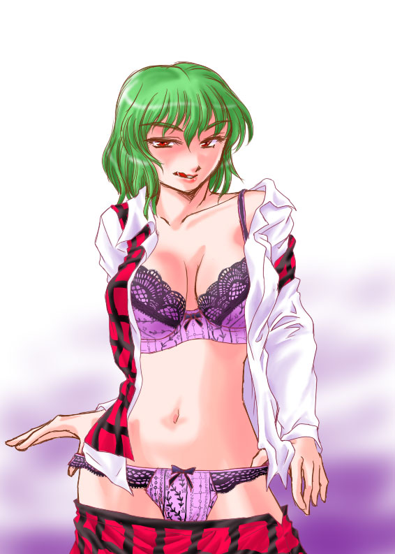 bad_anatomy bra breasts breasts_apart green_hair kazami_yuuka kisaragi_ryou_(sougetsu-tei) lace lace-trimmed_bra lace-trimmed_panties large_breasts licking_lips lingerie naughty_face open_clothes open_shirt panties plaid plaid_skirt plaid_vest purple_bra purple_panties red_eyes shirt short_hair skirt skirt_pull skirt_set solo tongue tongue_out touhou underwear undressing vest