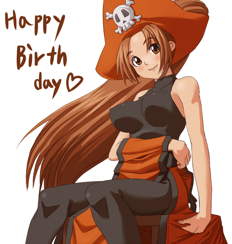 bad_id bad_pixiv_id bare_shoulders birthday bodysuit breasts brown_eyes brown_hair covered_nipples gousaikoo guilty_gear hat impossible_clothes impossible_shirt large_breasts may_(guilty_gear) orange_hat pirate_hat shirt sitting skin_tight solo