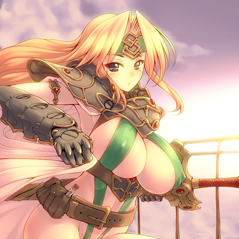 armlet armor belt blonde_hair blue_eyes breasts cape celes_chere cleavage cloud covered_nipples final_fantasy final_fantasy_vi gauntlets gloves large_breasts long_hair looking_at_viewer shoulder_pads sideboob sky slingshot_swimsuit solo sunset swimsuit sword tro vial weapon
