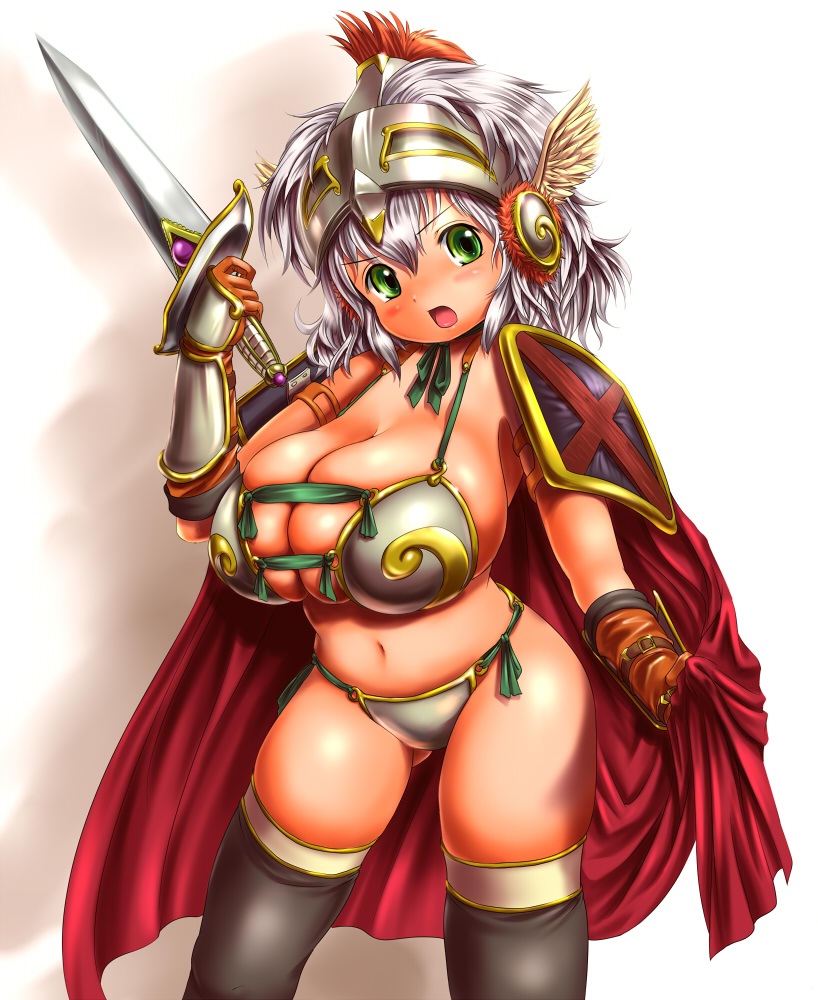 armor bikini blush breasts cape cleavage commentary_request gloves green_eyes helmet huge_breasts looking_at_viewer md5_mismatch moriichi open_mouth original silver_hair solo swimsuit thighhighs