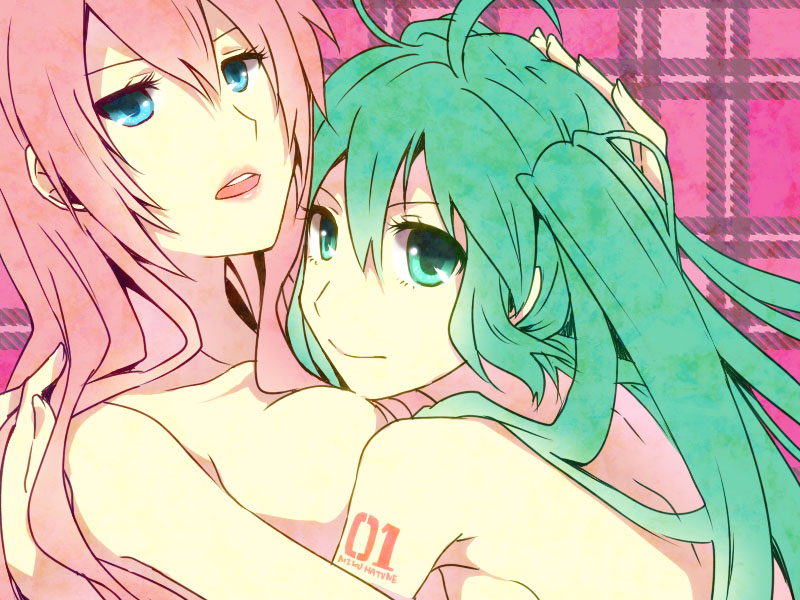 ateru bad_id bad_pixiv_id blue_eyes green_eyes green_hair hatsune_miku hug long_hair megurine_luka multiple_girls nude pink_hair vocaloid yuri