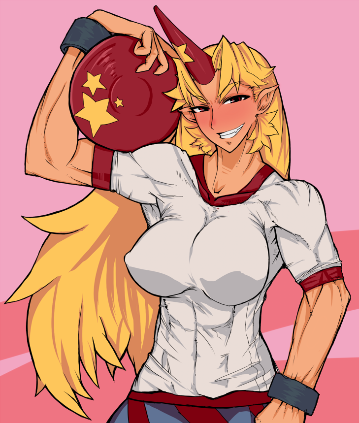 blonde_hair blush breasts horn hoshiguma_yuugi impossible_clothes impossible_shirt large_breasts long_hair mapputatsu_(freewilly) muscle muscular_female pointy_ears red_eyes shirt solo touhou