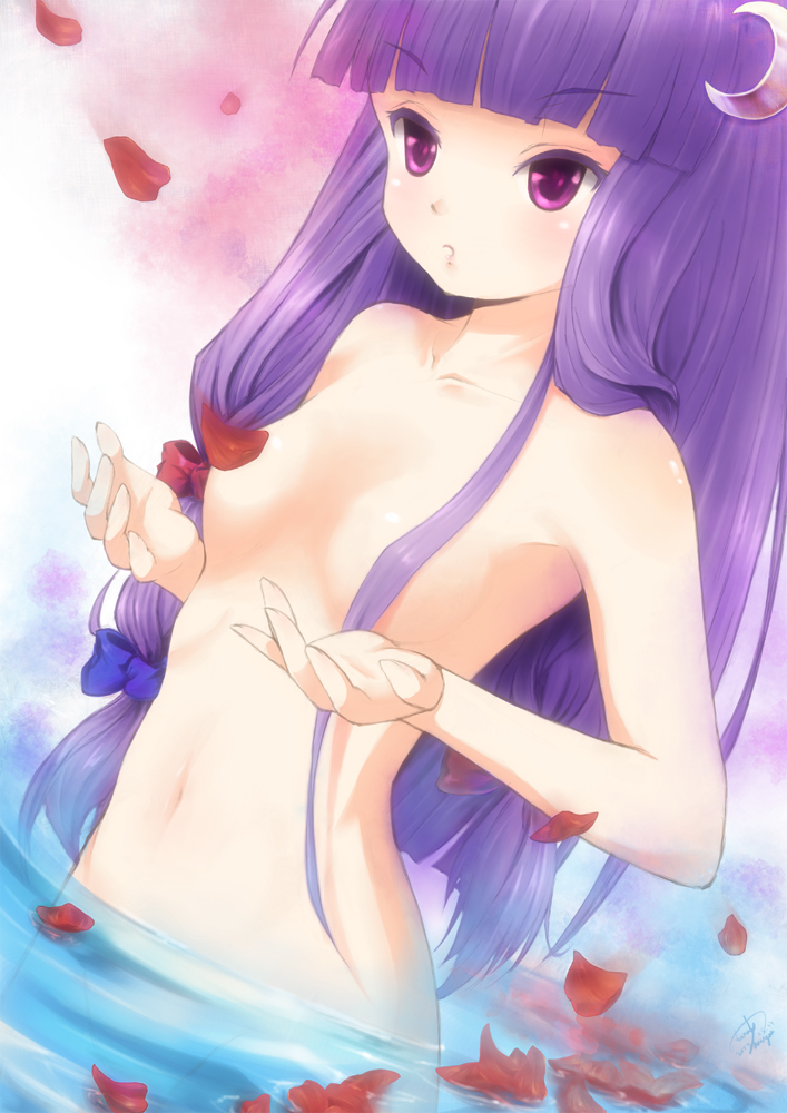 censored convenient_censoring crescent crescent_hair_ornament flat_chest hair_censor hair_ornament hair_over_breasts long_hair miyai_haruki nude patchouli_knowledge petals purple_eyes purple_hair rose_petals solo touhou