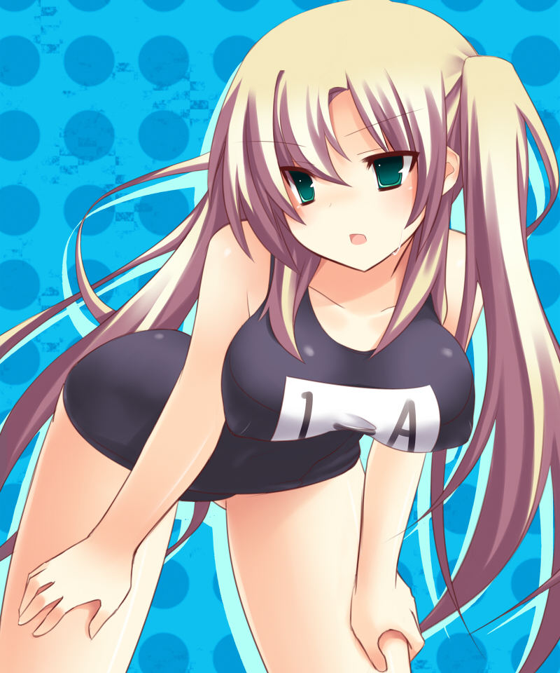 bad_id bad_pixiv_id blonde_hair blush breasts covered_nipples green_eyes large_breasts leaning_forward long_hair one-piece_swimsuit open_mouth original polka_dot polka_dot_background school_swimsuit solo swimsuit tsukumiya_amane twintails