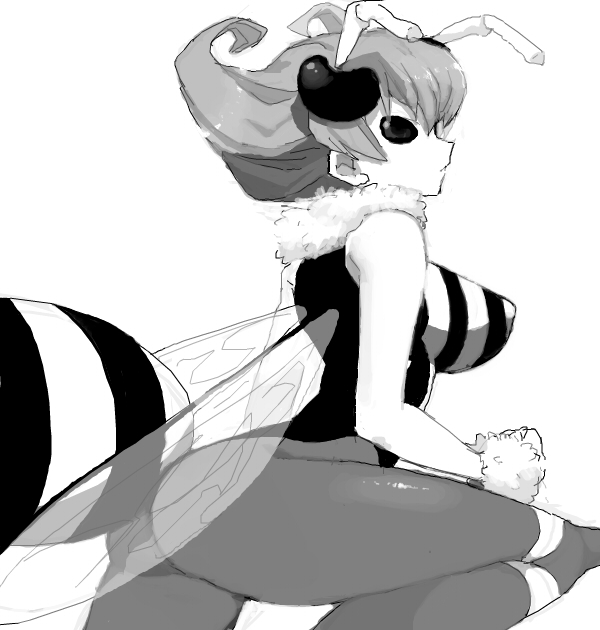 antennae ass bad_id bad_pixiv_id bare_shoulders bee_girl breasts greyscale hizuki_akira insect_girl insect_wings large_breasts monochrome monster_girl pantyhose q-bee short_hair skin_tight solo stinger vampire_(game) wings