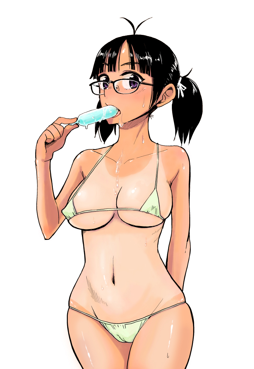 ahoge antenna_hair arm_behind_back bad_id bad_pixiv_id bikini black_hair breasts cameltoe copyright_request covered_nipples cowboy_shot eating face fang glasses green_bikini groin hair_ribbon highres large_breasts looking_at_viewer messy one-piece_tan oomori_harusame purple_eyes ribbon ribs short_twintails simple_background skindentation solo standing sweat swimsuit tan tanline tupet twintails white_background