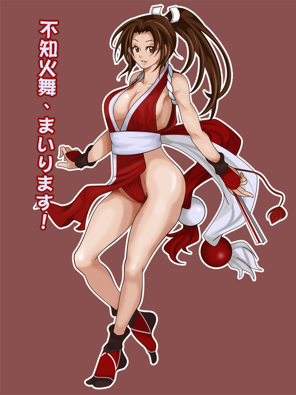 bare_shoulders breasts brown_eyes brown_hair bula cleavage closed_fan fan fatal_fury fingerless_gloves folding_fan gloves japanese_clothes large_breasts pelvic_curtain ponytail revealing_clothes shiranui_mai side_slit solo tabi the_king_of_fighters