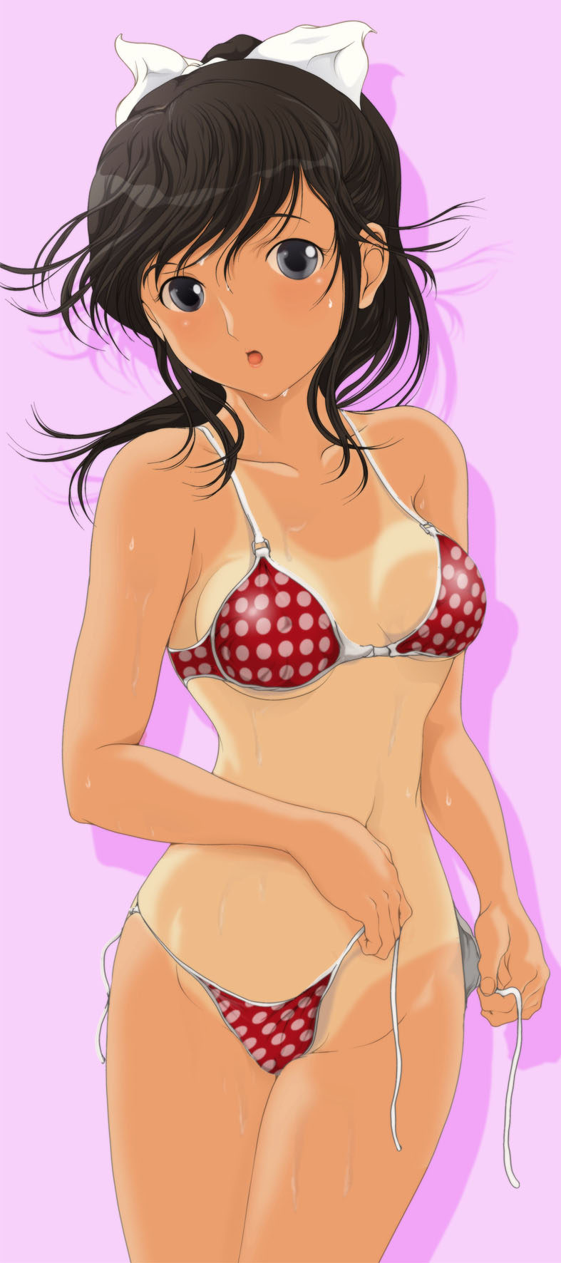 :o bikini black_eyes black_hair breasts cowboy_shot head_tilt highres long_hair looking_at_viewer love_plus medium_breasts nanashi_noiji one-piece_tan pink_background polka_dot polka_dot_bikini polka_dot_swimsuit ponytail side-tie_bikini simple_background solo swimsuit takane_manaka tan tanline untied wet