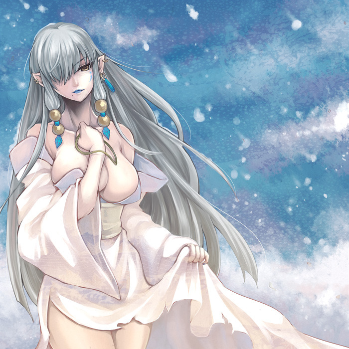 bare_shoulders copyright_request dress dress_lift earrings elf hair_over_one_eye japanese_clothes jewelry long_hair pointy_ears sennoyume solo very_long_hair white_hair yellow_eyes