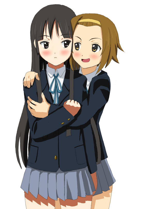 akiyama_mio bad_id bad_pixiv_id black_eyes black_hair blush brown_eyes brown_hair hug k-on! long_hair multiple_girls school_uniform short_hair tainaka_ritsu umeboshitora yuri