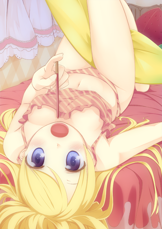 :o barefoot bed blonde_hair blue_eyes breasts camisole cleavage covered_nipples downblouse food lingerie long_hair lying medium_breasts navel on_back open_mouth original panties pocky solo strawberry_pocky striped striped_panties tachibana_(tach011194) underwear underwear_only upside-down