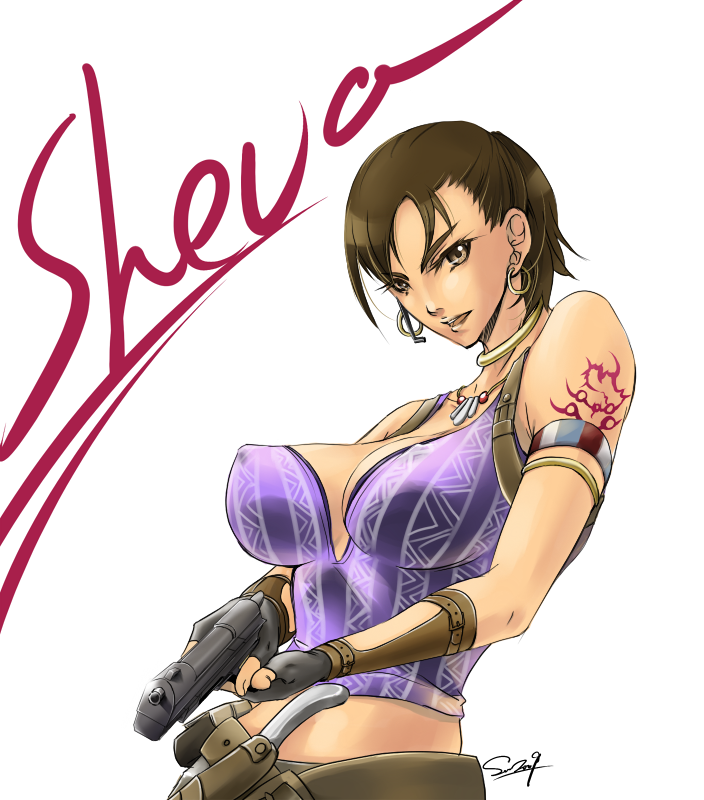 breasts brown_eyes brown_hair covered_nipples earrings gun headset jewelry large_breasts midriff necklace ponytail resident_evil resident_evil_5 sennoyume sheva_alomar solo tank_top tattoo weapon