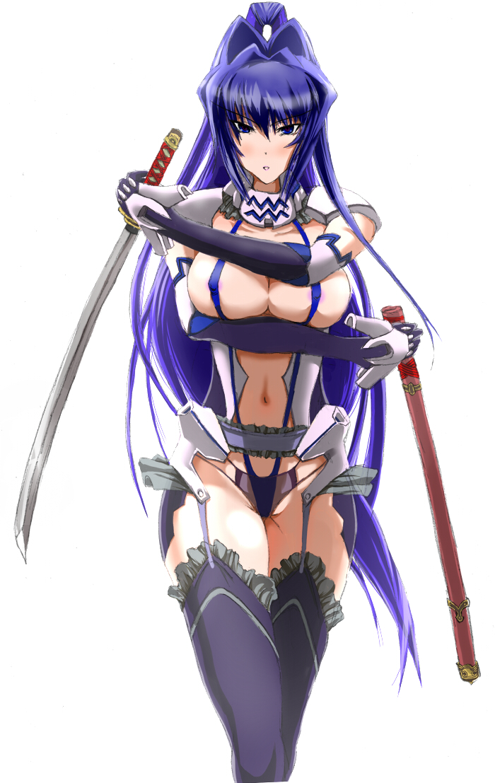 bad_id bad_pixiv_id blue_eyes blue_hair breasts garter_belt large_breasts long_hair mitsurugi_meiya muvluv muvluv_alternative ponytail sayuhime_tatsumi slingshot_swimsuit solo swimsuit sword thighhighs weapon