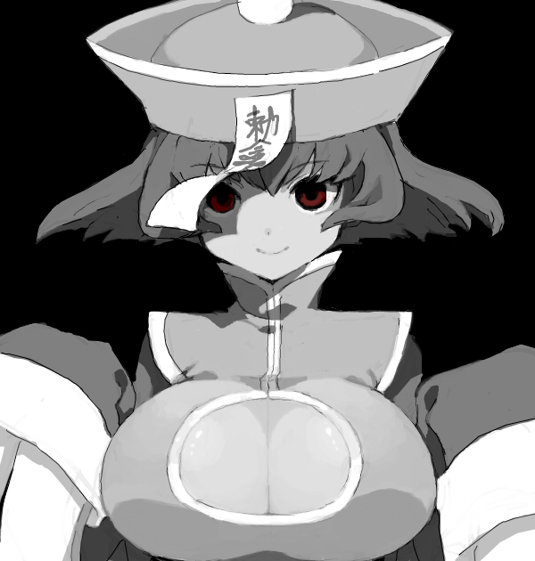 bad_id bad_pixiv_id breasts chinese_clothes cleavage_cutout flipped_hair greyscale hat hizuki_akira jiangshi large_breasts lei_lei looking_at_viewer monochrome oekaki ofuda red_eyes short_hair smile solo spot_color upper_body vampire_(game) zombie