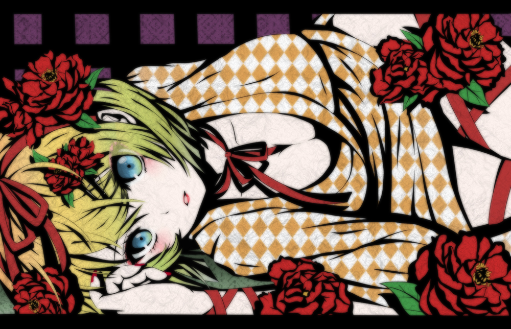aqua_eyes argyle bad_id bad_pixiv_id blonde_hair blush breasts cleavage flower gradient_hair hair_flower hair_ornament hair_ribbon hairclip japanese_clothes kagamine_rin kimono large_breasts lipstick lying makeup multicolored_hair nail_polish nekoame on_side peony_(flower) red_nails ribbon short_hair solo vocaloid