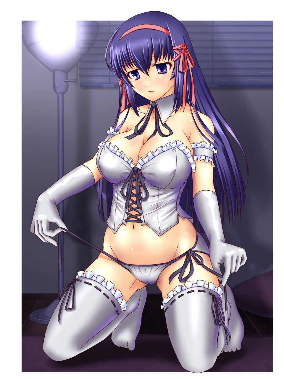 bad_id bad_pixiv_id bare_shoulders blue_eyes blue_hair blush breasts bustier cleavage covered_nipples elbow_gloves gloves highres lace lace-trimmed_thighhighs large_breasts lingerie long_hair original panties ribbon side-tie_panties solo thighhighs twinpon underwear