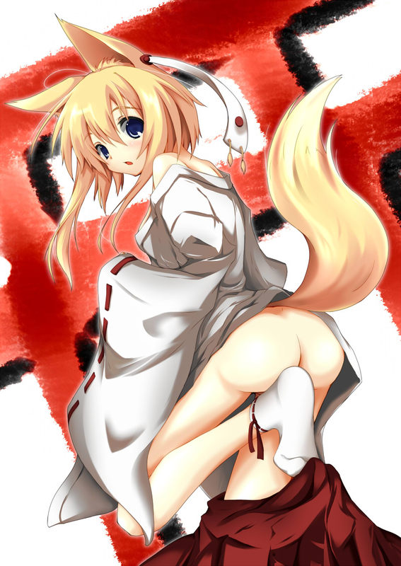 animal_ears ass blonde_hair blue_eyes copyright_request fox_ears japanese_clothes miko no_panties open_mouth solo soukyuu_(crescent_noise) tail