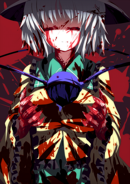 bad_id bad_pixiv_id blood hair_over_eyes hat komeiji_koishi light_smile outstretched_hand ryuji_(ikeriu) shaded_face short_hair silver_hair solo third_eye touhou white_hair