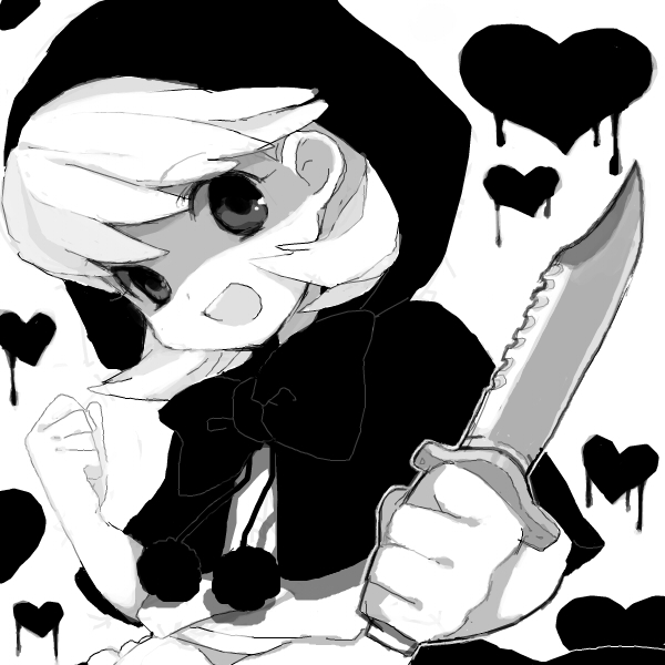 bad_id bad_pixiv_id bulleta child greyscale heart hizuki_akira hood knife looking_at_viewer monochrome short_hair smile solo vampire_(game)