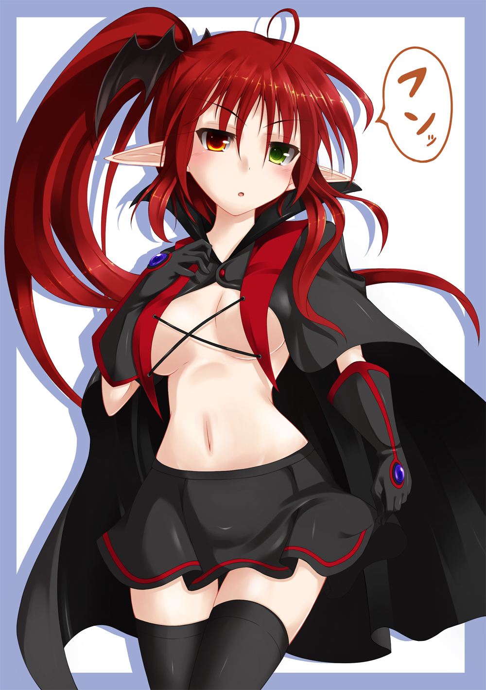 breasts cape cleavage demon_girl fuyuno_taka gloves head_wings heterochromia highres long_hair medium_breasts navel original pointy_ears ponytail red_hair solo succubus thighhighs zettai_ryouiki