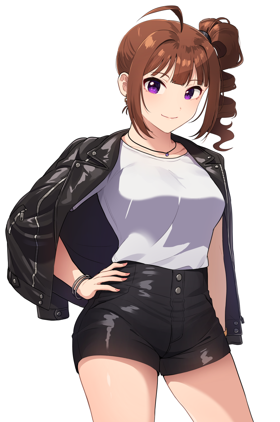 1girl ahoge black_jacket black_shorts bracelet breasts brown_hair drill_hair hand_on_hip highres idolmaster idolmaster_million_live! jacket jacket_on_shoulders jewelry kamille_(vcx68) leather leather_jacket looking_at_viewer medium_breasts purple_eyes shirt shirt_tucked_in shorts side_ponytail simple_background smile solo white_background white_shirt yokoyama_nao