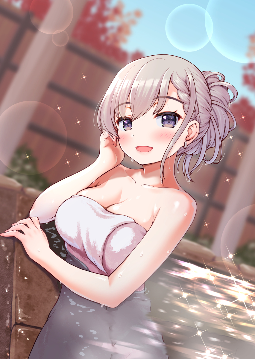 1girl alternate_hairstyle asymmetrical_bangs bangs bath blurry blurry_background blush braid braided_bangs breasts cleavage collarbone dutch_angle earrings grey_hair highres hisakawa_hayate idolmaster idolmaster_cinderella_girls jewelry kaishinshi large_breasts lens_flare naked_towel ofuro partially_submerged reflection reflective_water smile solo sparkle towel water_drop