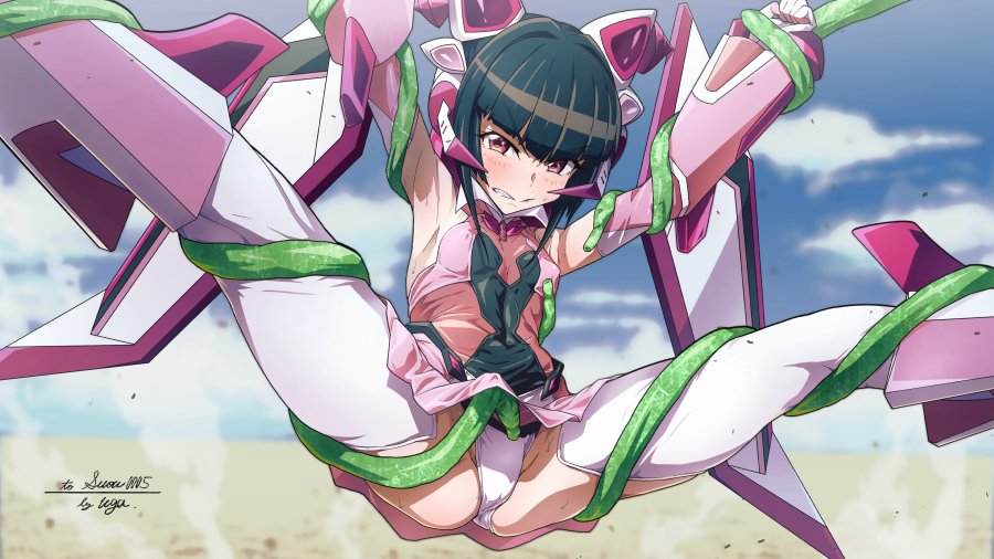1girl bangs black_hair blunt_bangs bound breasts commission covered_nipples leotard long_hair pink_eyes pink_leotard restrained senki_zesshou_symphogear shiny shiny_hair shiny_skin skeb_commission skirt small_breasts solo spread_legs sweat tentacles tentacles_under_clothes thighhighs tsukuyomi_shirabe twintails uganda_(ugandam_00)