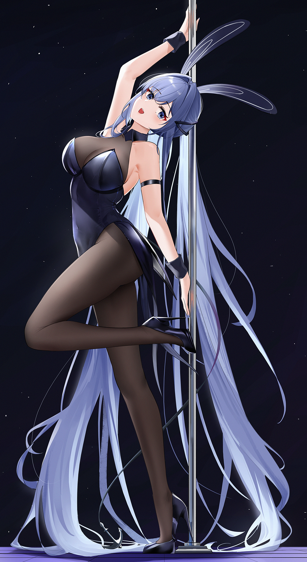 1girl :d animal_ears arm_strap arm_up azur_lane bangs bare_shoulders black_background black_dress black_footwear blue_eyes blue_hair bodystocking breasts cleavage dress fake_animal_ears from_side full_body hair_intakes high_heels highres large_breasts leg_up long_hair looking_at_viewer looking_to_the_side new_jersey_(azur_lane) open_mouth pelvic_curtain pole_dancing qing_wu rabbit_ears simple_background sleeveless sleeveless_dress smile solo standing standing_on_one_leg stripper_pole very_long_hair wrist_cuffs