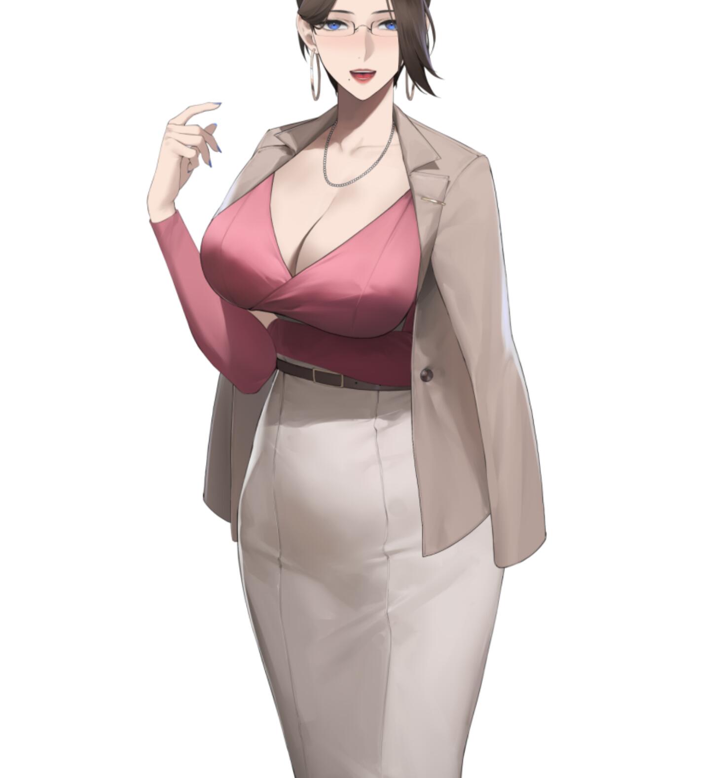 1girl alios_arvin blue_eyes breasts brown_hair cleavage earrings glasses highres hoop_earrings jacket jacket_on_shoulders jewelry large_breasts long_skirt mole mole_under_mouth necklace open_mouth original pink_shirt shirt skirt solo white_background