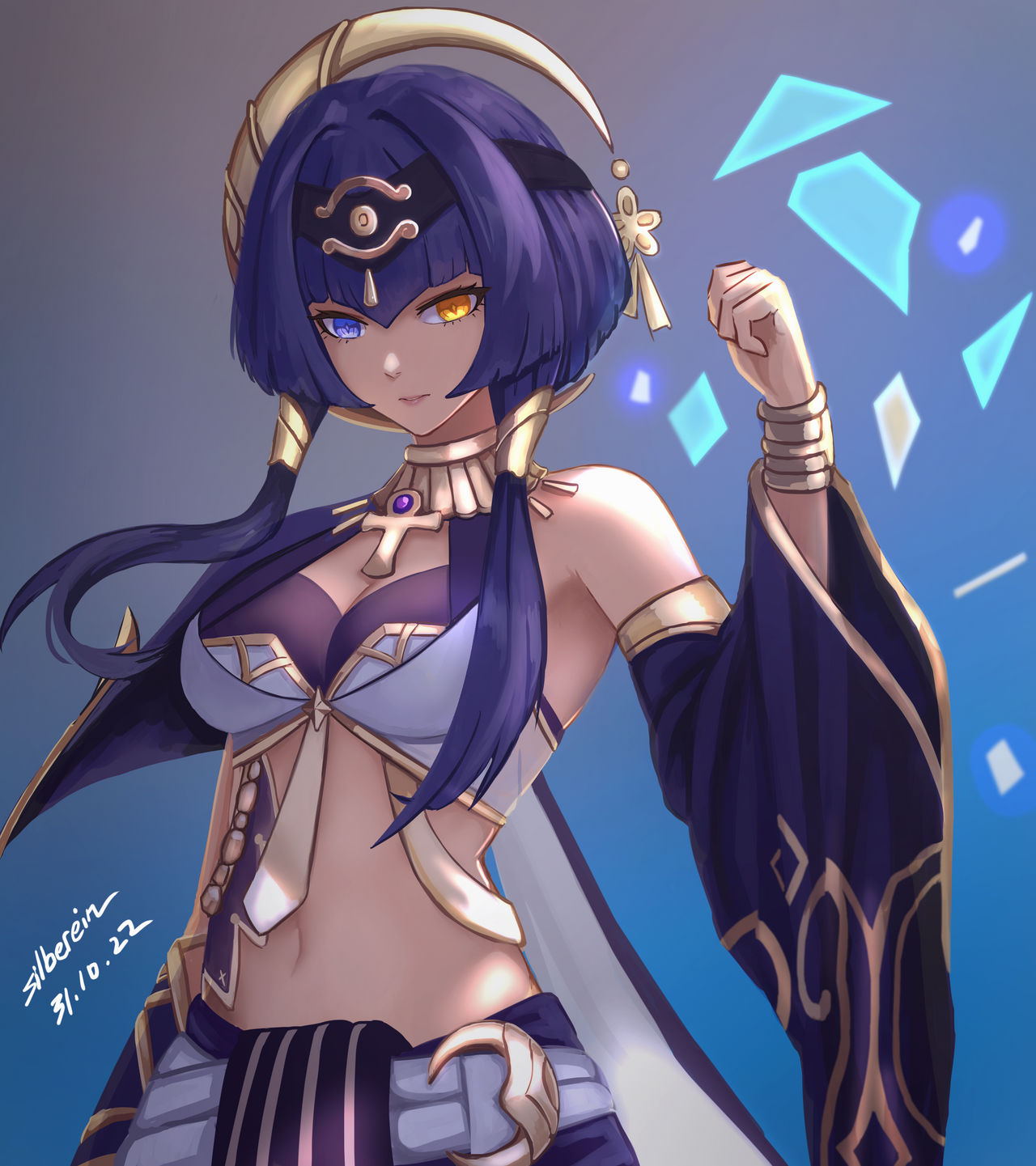 1girl arm_up bangs bare_shoulders blue_eyes breasts brown_eyes dark-skinned_female dark_skin egyptian_clothes eyebrows_hidden_by_hair genshin_impact hair_ornament highres jewelry long_hair looking_at_viewer multicolored_eyes necklace purple_eyes silberein smile solo stomach twintails upper_body